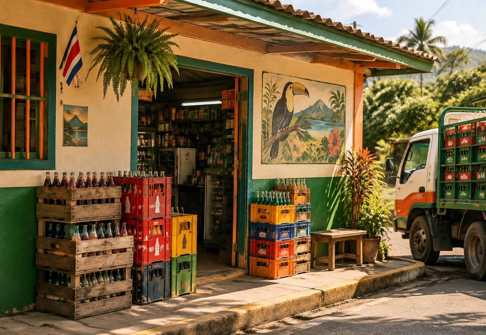 Pulpería costarricense con cajas de bebidas y camión de reparto